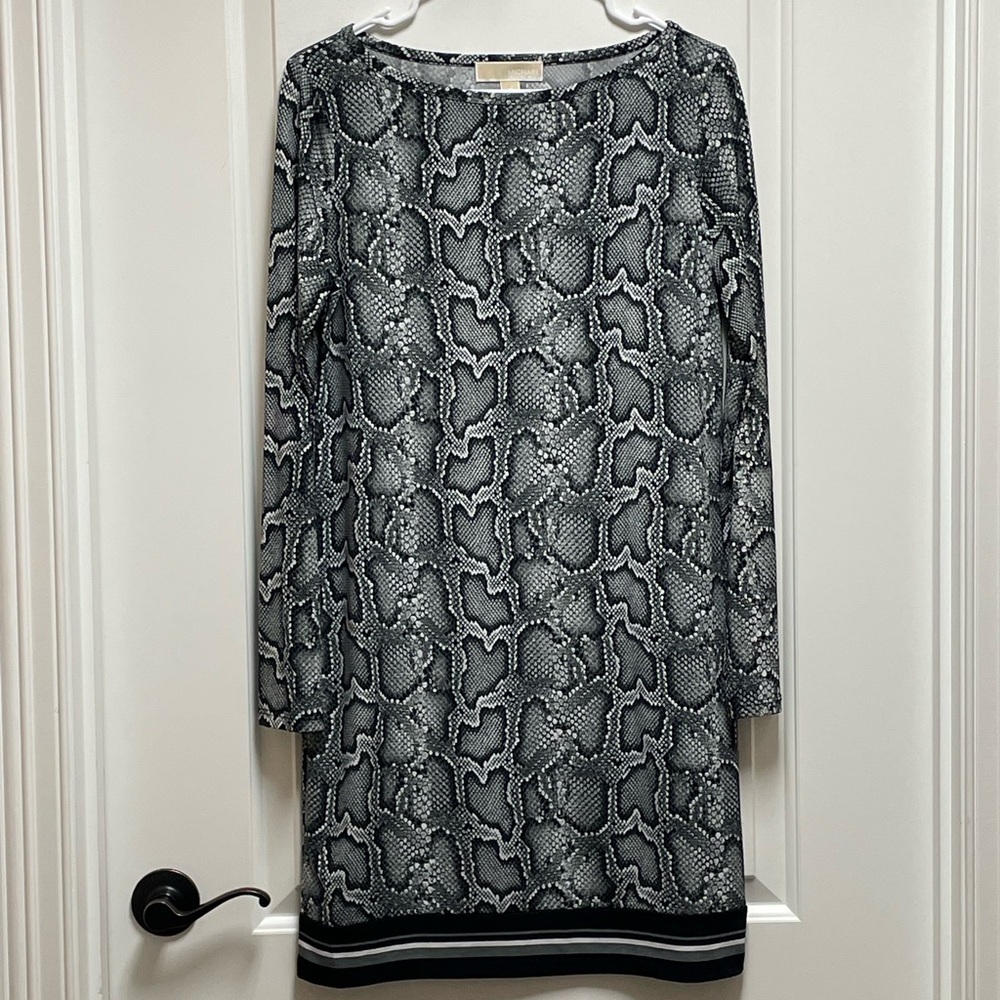 Michael Kors Sz Medium Black Gray Snake Skin Animal Print Long Sleeve Y2K Dress - Picture 2 of 8